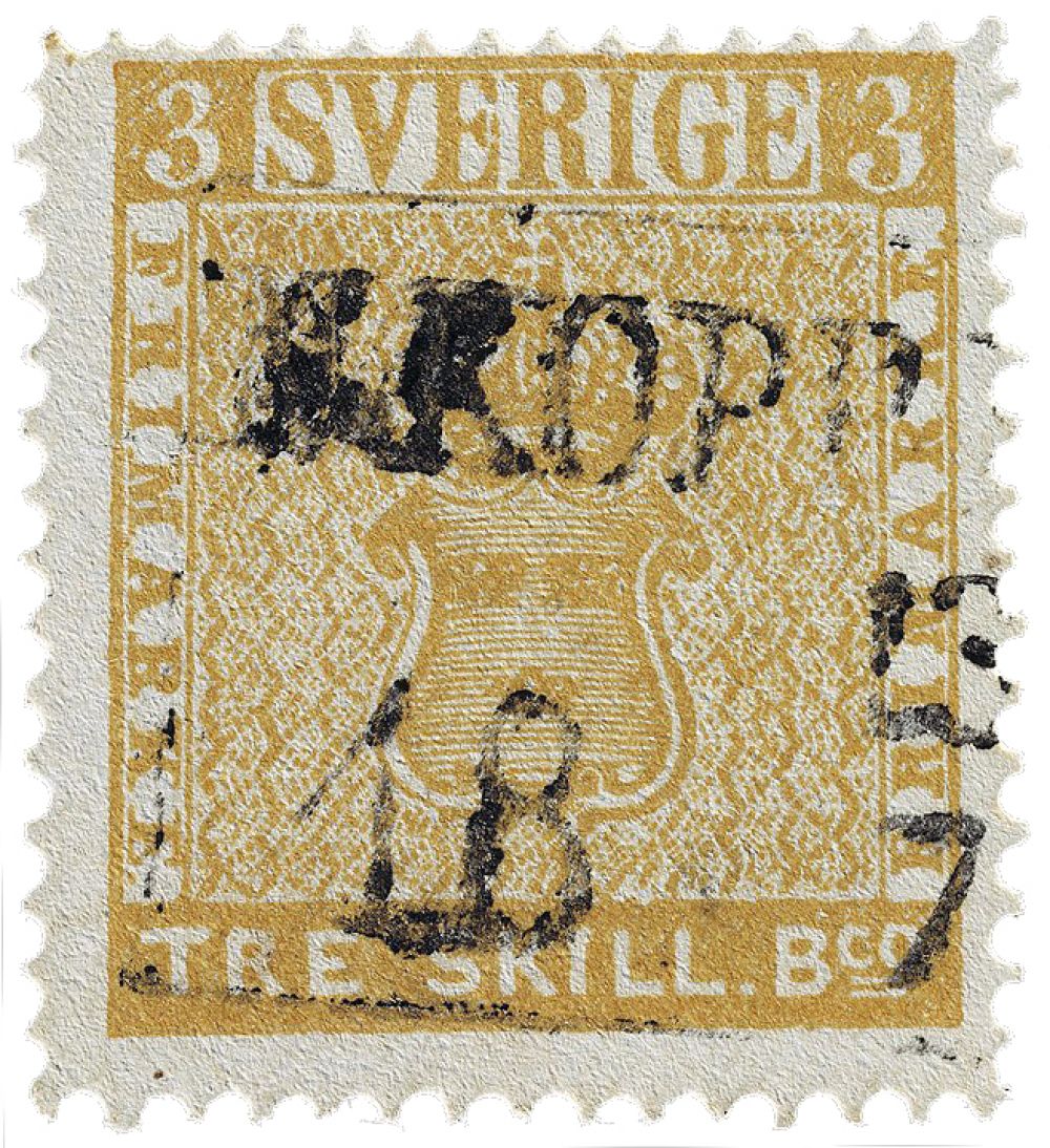 «Желтый трехскиллинговик». Первая стандартная почтовая марка Швеции 1855 года, напечатанная с ошибкой в цвете (марки в 3 скиллинга были сине-зелеными). существует в единственном экземпляре (в гашеном виде). В 2010 году марка была продана неизвестному покупателю, сумма сделки превысила 2,3 млн долларов.