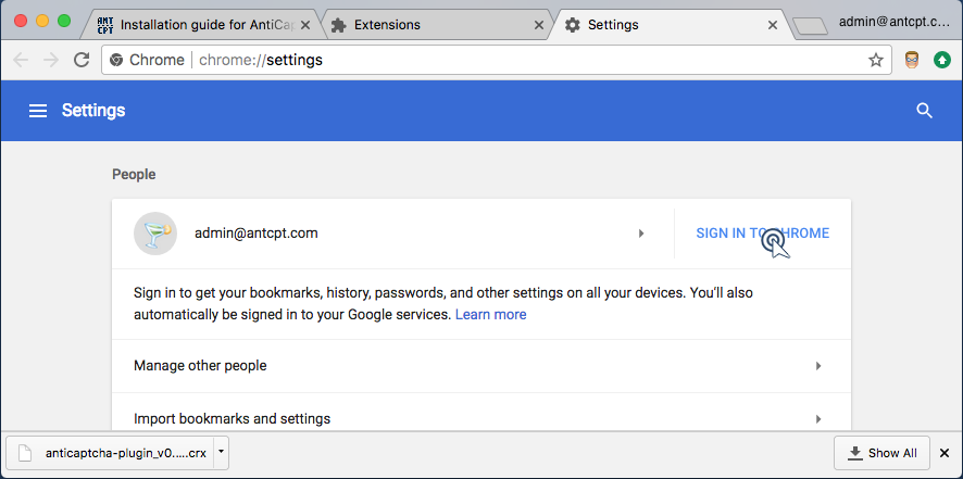 Chrome settings pannel with Sign in to Chrome button.