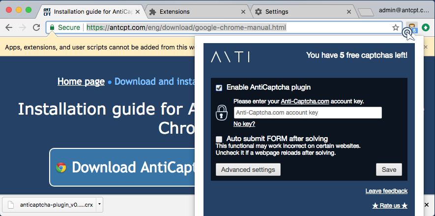AntiCaptcha plugin settings window with free captchas info.