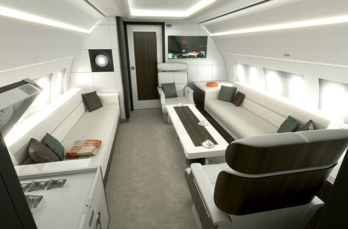 One of the available customized interiors, the Bluejay cabin concept, as seen in an ACJ319