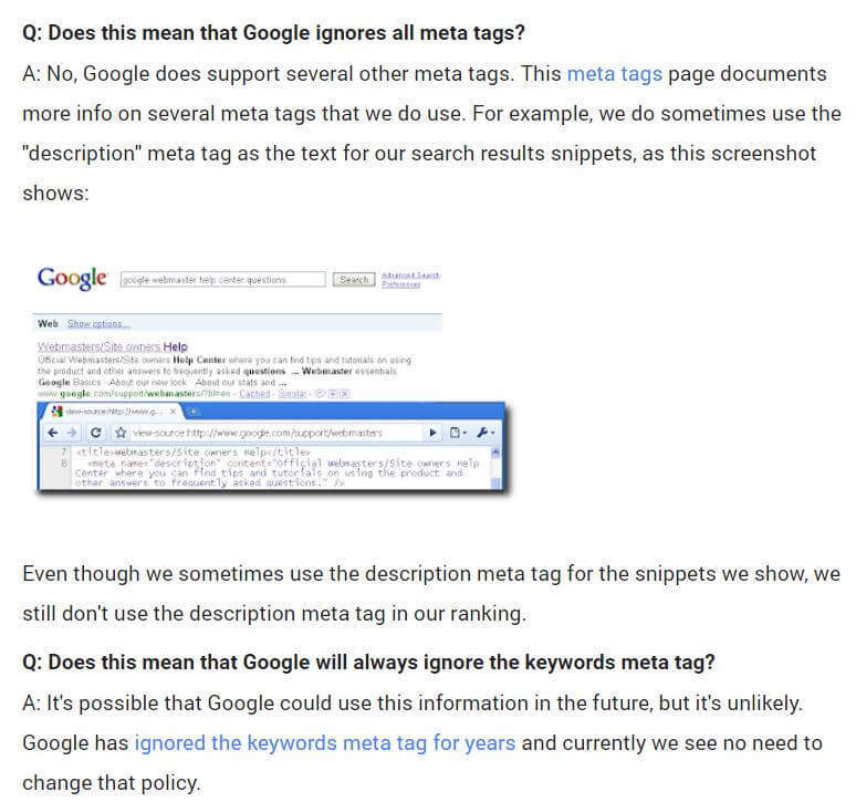 google ignores keywords meta tag