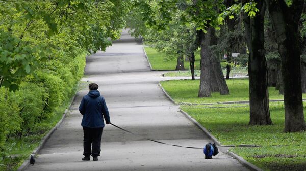Жительница Москвы выгуливает собаку на улице Крупской