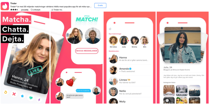Tinder app page - screenshot from Swedish App Store