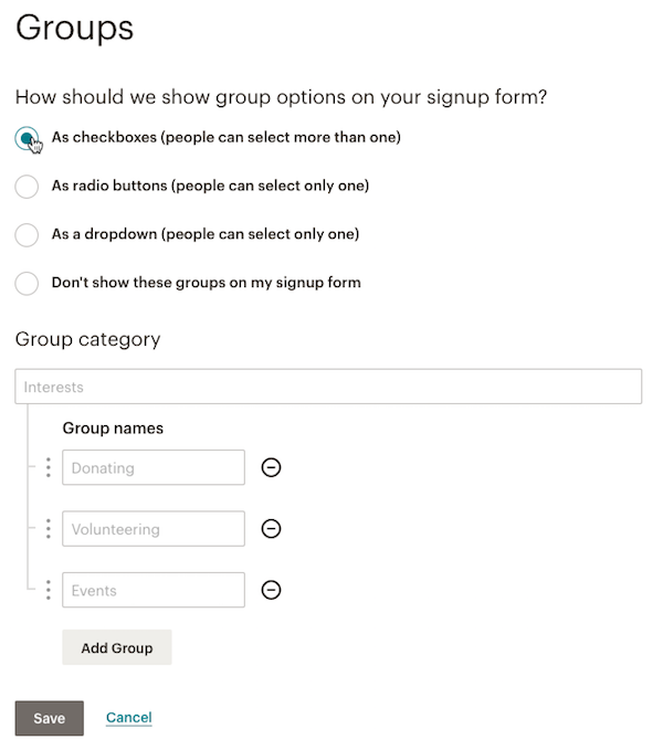 New group showing the options for Group category and Group name options.
