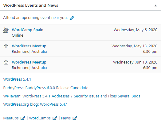 WordPress Events and News panel