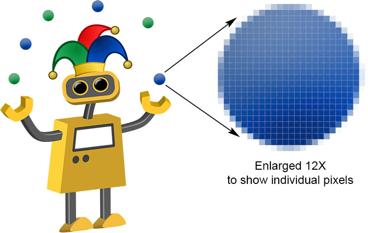 Robot juggler with enlarged detail to show pixels