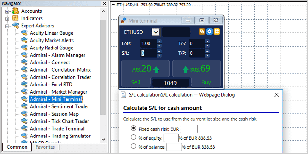 Trading crypto Mini Terminal in MetaTrader Supreme