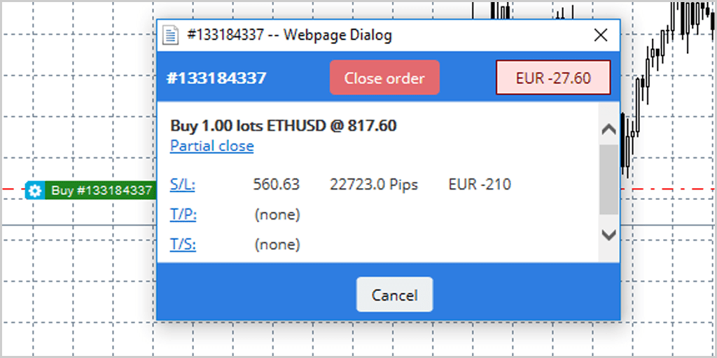 Trading crypto Partial Close in MetaTrader Supreme
