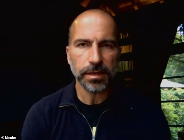 Uber CEO Dara Khosrowshahi is pictured in an MSNBC interview on Wednesday, where he warned that the ride-sharing company could be forced to shut down service in California for several months if a state court does not overturn a ruling requiring it to classify its drivers as full-time employees