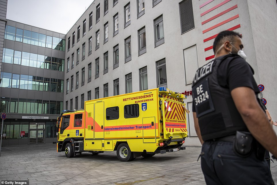 The ambulance that was carrying Navalny leaves the Berlin Charite Hospital after dropping off Navalny on Saturday