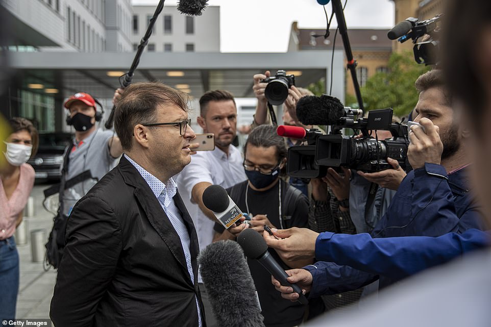 Jaka Bizilj, founder of Cinema For Peace, speaks to the media outside the Charite Hospital where Russian politician Alexei Navalny is being treated. The private air ambulance that took Navalny to Germany was chartered by Cinema for Peace