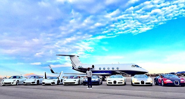 From left to right: Ferrari 599 GTB Fiorano, Porsche 911 Turbo S, Lamborghini Aventador, Ferrari 458 Spider, Ferrari 458 Spider. Bugatti Grand Sport, Bugatti Veyron, Bugatti Veyron... and a private jet worth £30m 