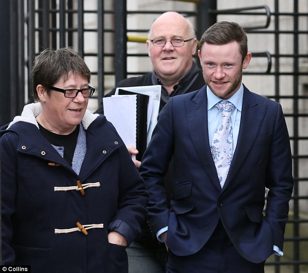 Devon Murray, 27, pictured outside court wih his mother Fidelma and father MIchael, played wizard Seamus Finnigan in the Harry Potter films and is being sued by his agent