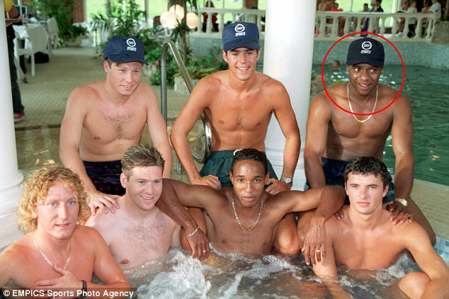 From back left, former footballers Nick Barmby, Jamie Redknapp, Dalian Atkinson (circled), and from front left, Ray Parlour, Chris Waddle, Paul Ince and Gary Speed share a Jacuzzi