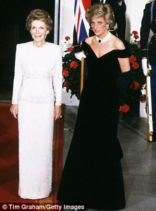 Princess Diana wearing a black Victor Edelstein dress at The White House in 1985
