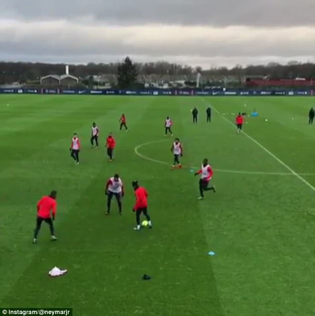 Neymar is filmed being squared up by a defender, waiting for a team-mate to run past him