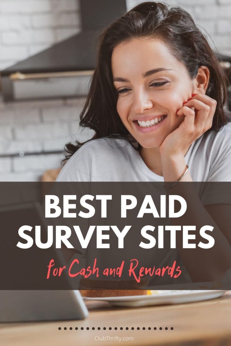 Best Paid Survey Sites Pin - picture of woman smiling at tablet in kitchen