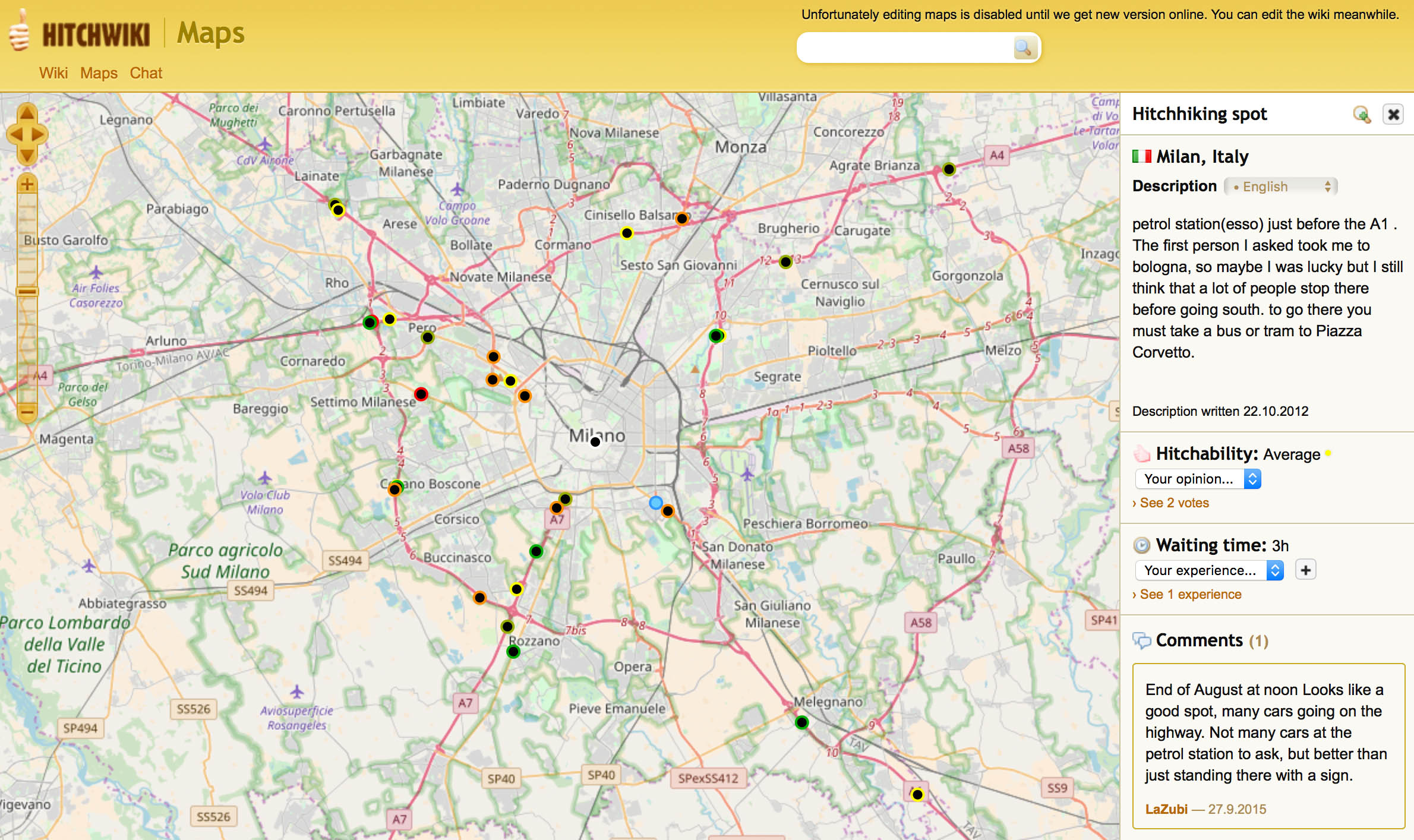 Карта выездов из Милана с комментариями автостопщиков. Зелеными точками обозначены удачные места для автостопа, а красными — неудачные