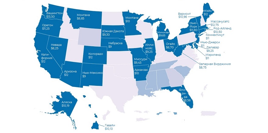 Минимальная зарплата в США по штатам