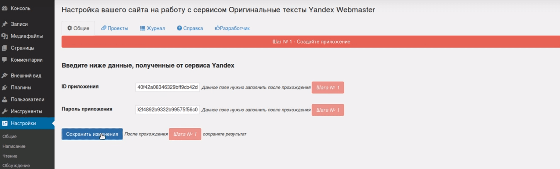 Установка плагина Original texts Yandex WebMaster Вводим данные 