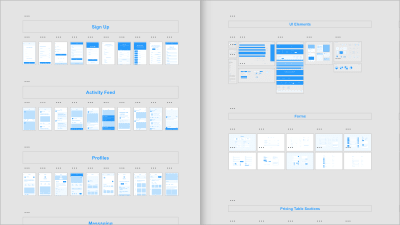 Adobe XD UI Kits for mobile (left) and web (right) are a great way to get a head start at the beginning of a design project. By providing typical components (Sign Up, Forms, Profiles), they save you a considerable amount of time, removing the need to reinvent the wheel by redrawing commonly used components.
