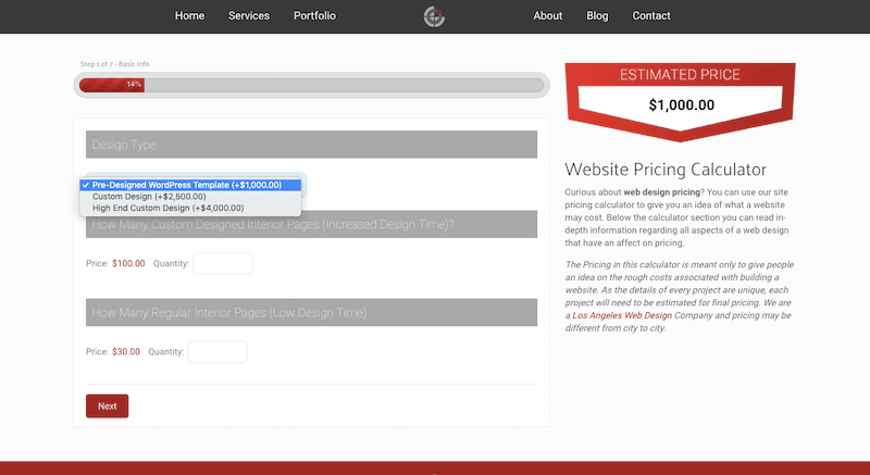 A screenshot of the conntective pricing website pricing calculator, where you can select between pre-designed WordPress templates, custom designs, high-end custom designs, and more