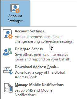 Options available when you choose account settings in Outlook