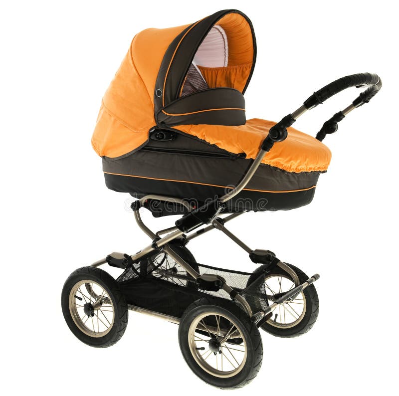 Baby stroller. Orange baby stroller isolated in a white background stock photos