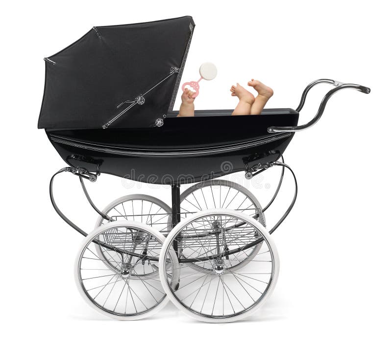 Baby in Stroller. Profile of traditional baby stroller/perambulator with baby arm and feet stock photos
