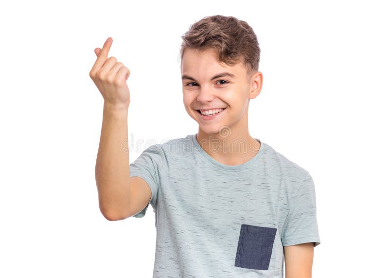 Boy emotions and signs. Portrait of handsome young teen boy showing sign symbol of money by fingers, isolated on white background. Smiling child doing rich royalty free stock photography