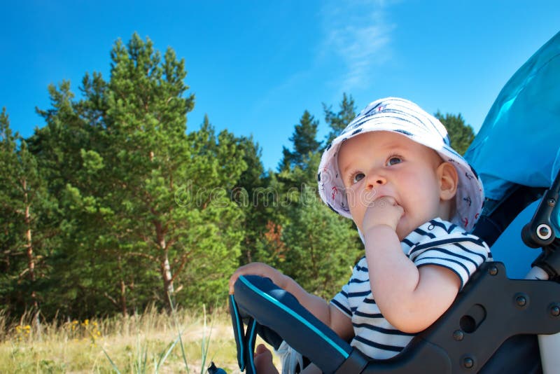 Little baby boy sitting in the stroller on summer day. Nine month old baby boy sitting in the stroller on beautiful summer day stock images