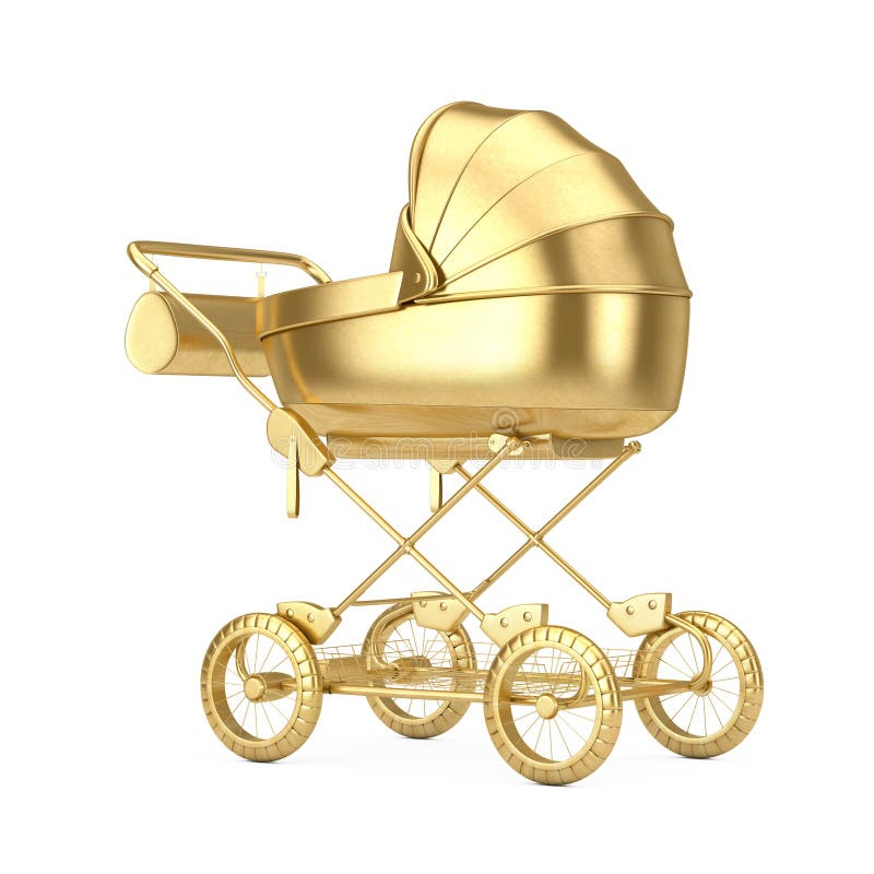 Modern Baby Golden Carriage, Stroller, Pram Mock Up. 3d Rendering. Modern Baby Golden Carriage, Stroller, Pram Mock Up on a white background. 3d Rendering stock images