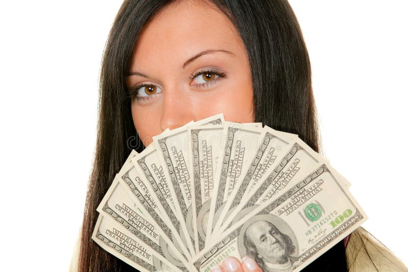 Wealthy teenager. With wad of dollar bills in front of face, isolated on white background stock images