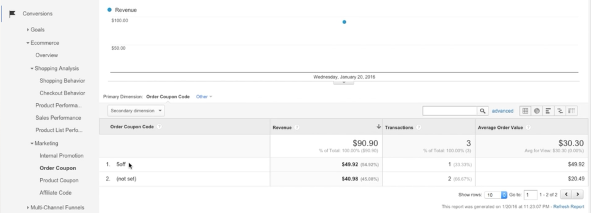 In this example screenshot, you can see reporting of a "5off" coupon having been used.