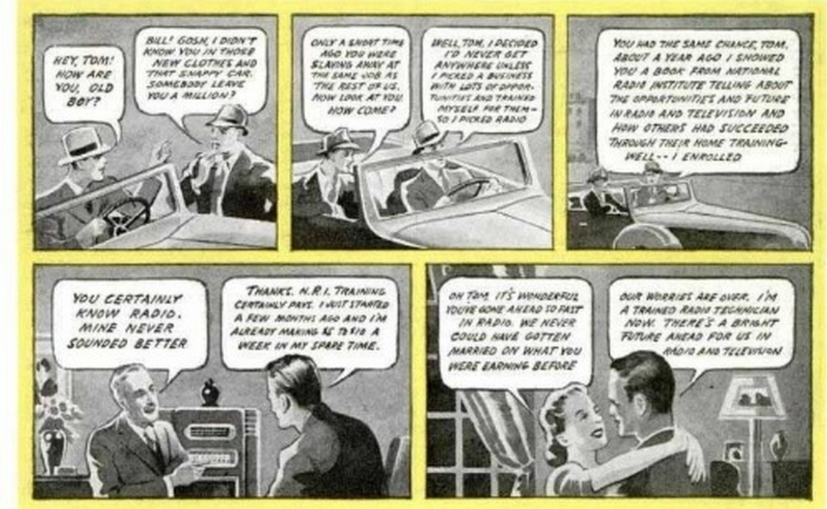Таким мини-комиксом Popular Mechanics 1940 №1 иллюстрировал социальный лифт в радиоэлектронике – выучился, получил приличную работу…