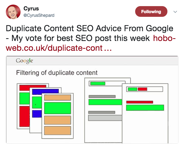 Quote: "Duplicate Content SEO Advice From Google - My vote for best SEO post this week."