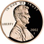 2002 Lincoln cent, Obverse, proof with cameo.